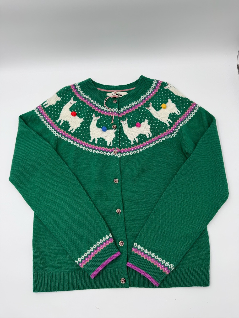 Mini Boden Green Llama Fair Isle Cardigan with Pom Poms